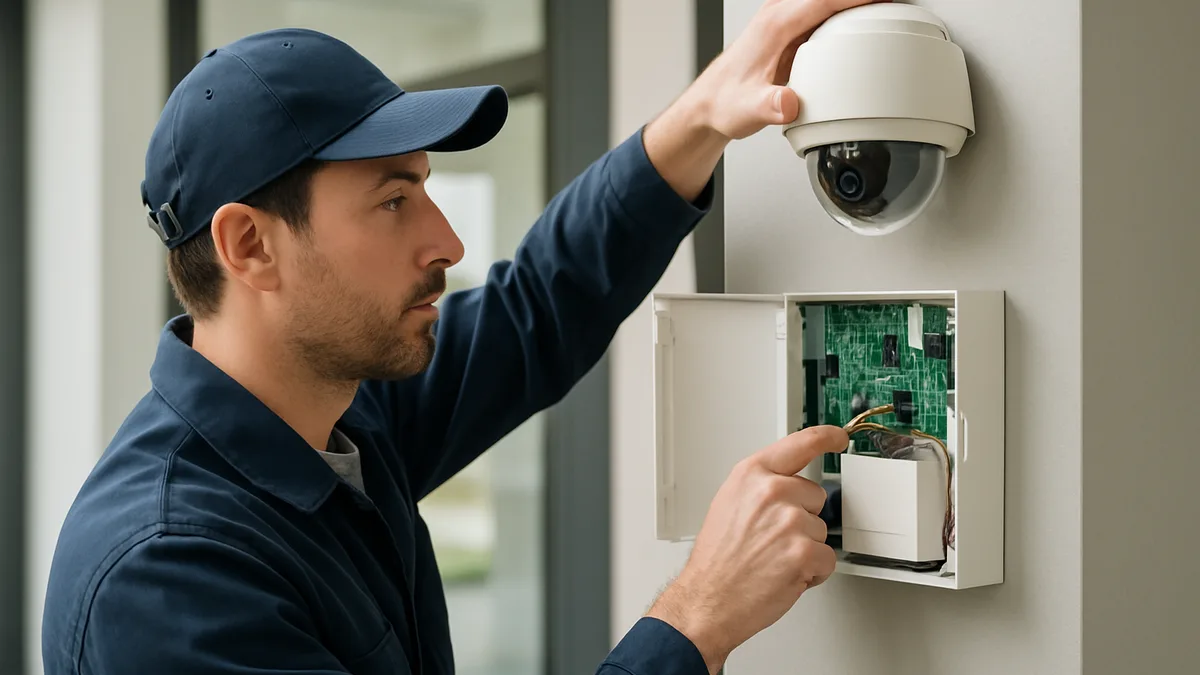 Technicien en intervention de maintenance sur une caméra de vidéosurveillance d'entreprise